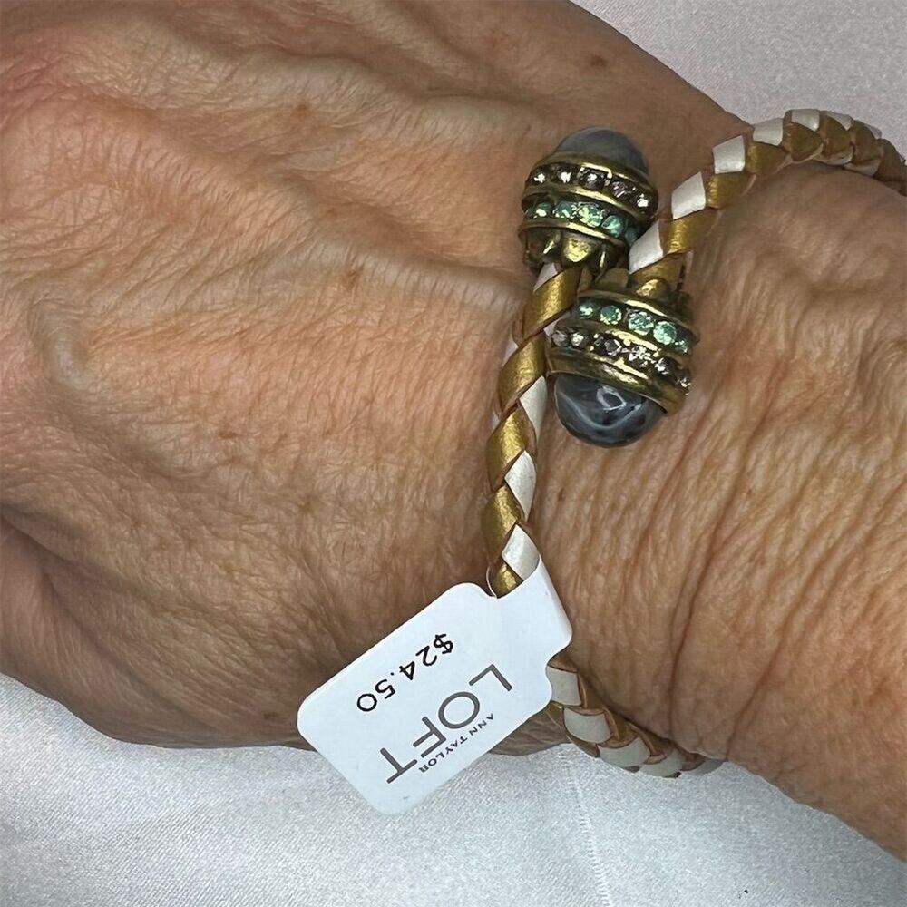 LOFT Gold Tone Leather Braid Bracelet Rhinestone Ends New With Tags